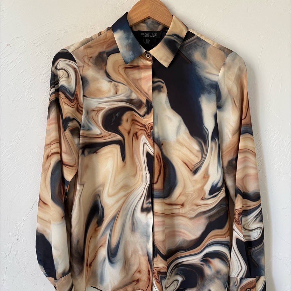 Rachel Zoe Women's Marble-Print Button Front Blouse in Black, Cream & Indigo.
